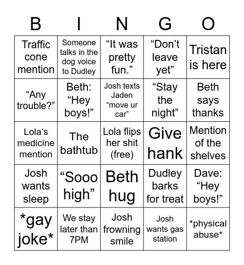 Josh Return Bingo Card