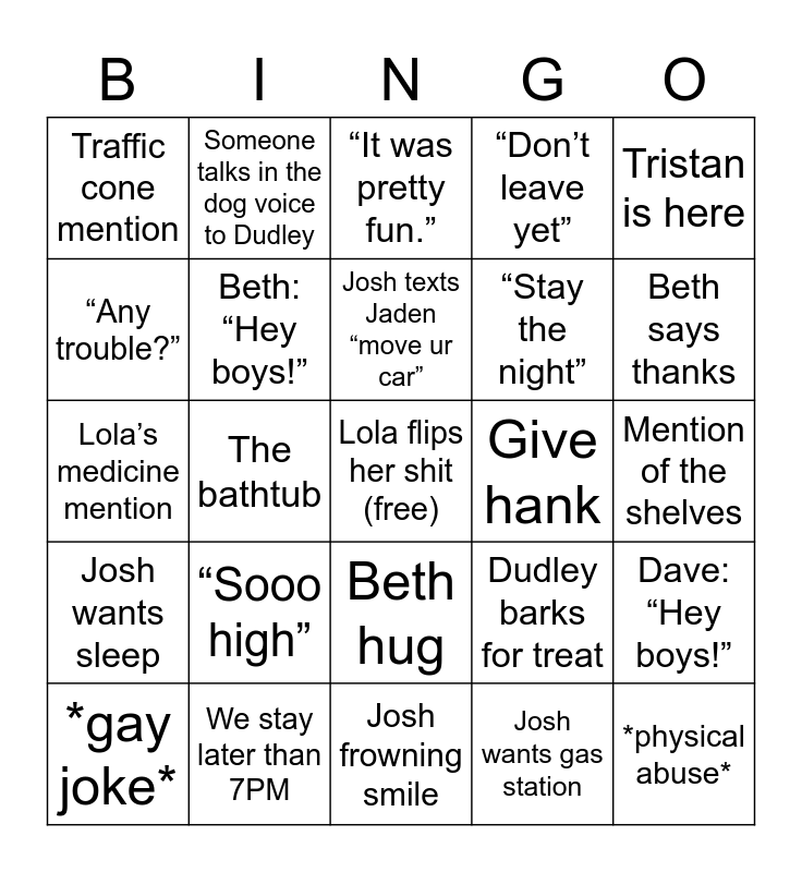 Josh Return Bingo Card