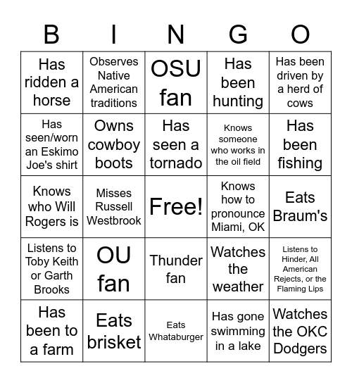 Oklahoma Bingo Card