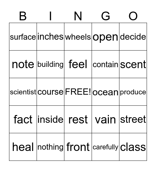 FRY WORDS Bingo Card