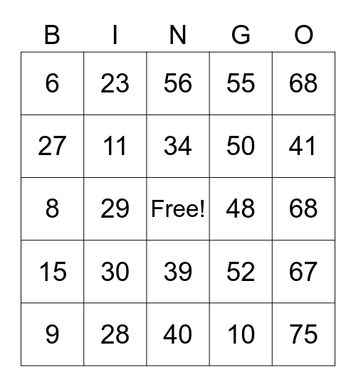 Number Bingo 1-70 Bingo Card