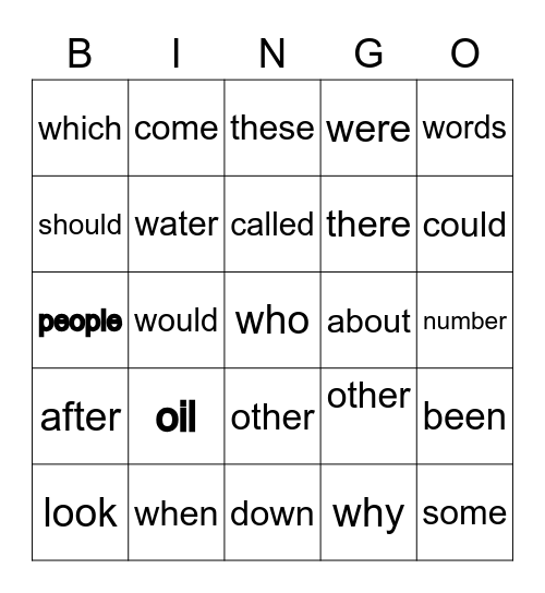 Sight Word Bingo Card