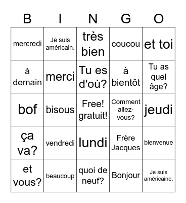 Bonjour! Bingo Card