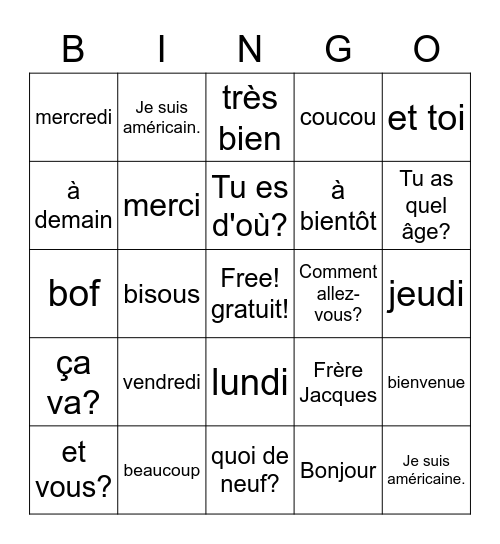 Bonjour! Bingo Card