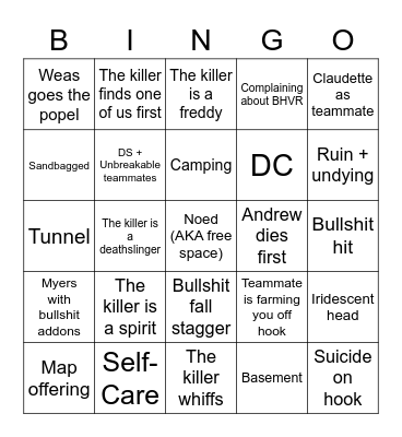 DBD survivor bingo Card