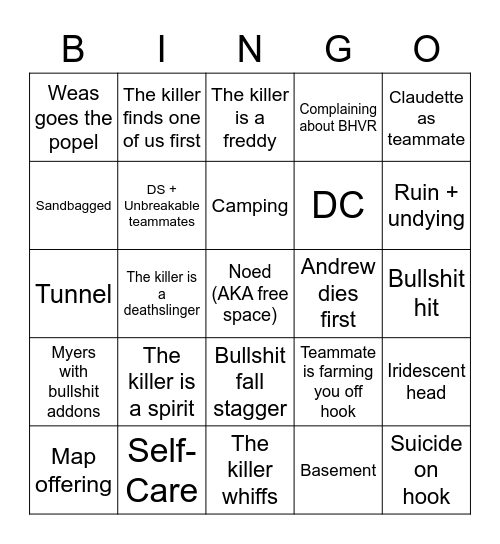 DBD survivor bingo Card