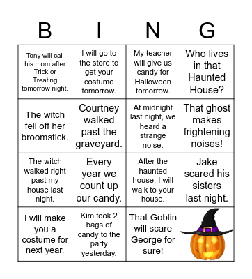 Verb Tense Bingo Card