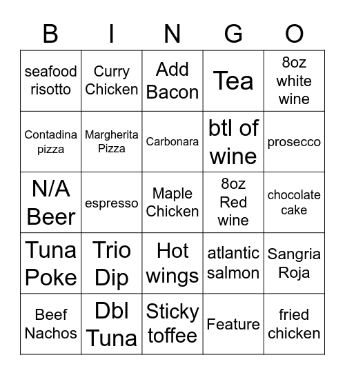 FOH/BOH Bingo Card