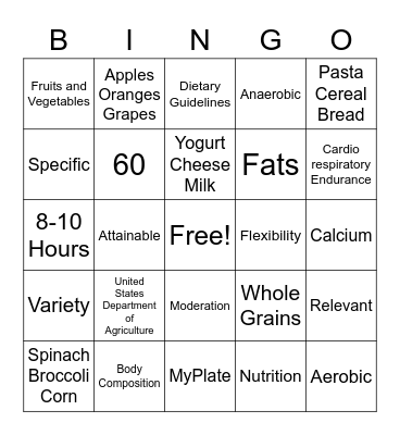 Healthy Living Bingo Card