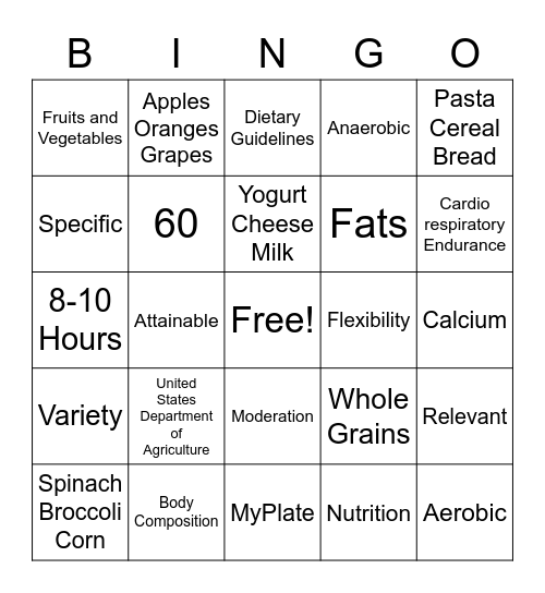 Healthy Living Bingo Card