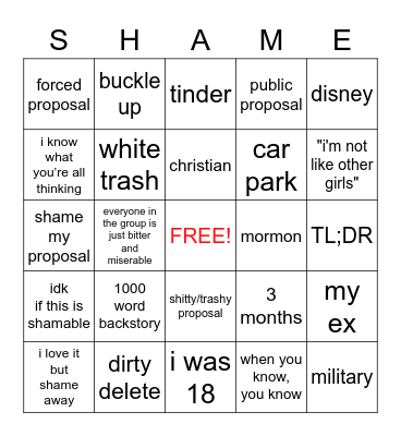 That's It, I'm Wedding Shaming Bingo Card