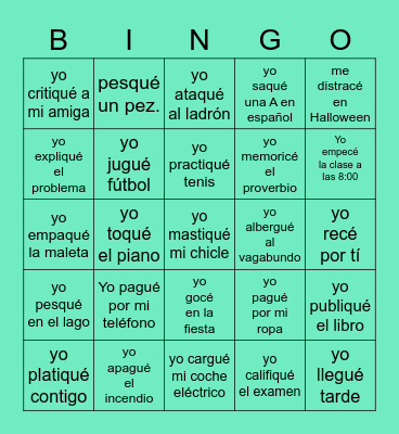Car,gar,zar verbs Bingo Card