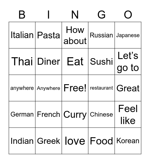 Go to an Italian restaurant Bingo Card