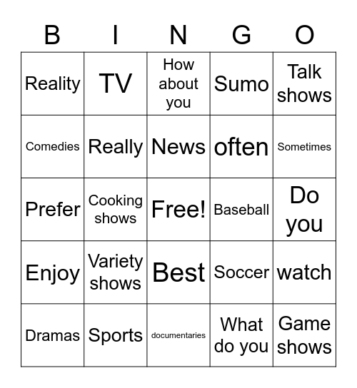 I like to watch variety shows Bingo Card