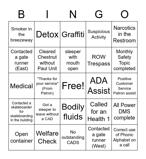 Union Station Bingo Card