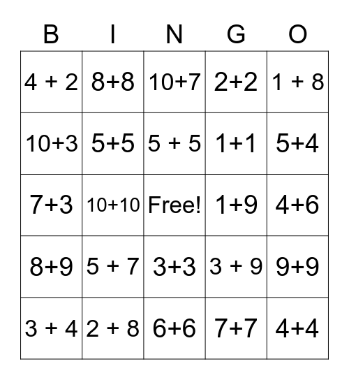 Addition Basic Bingo Card