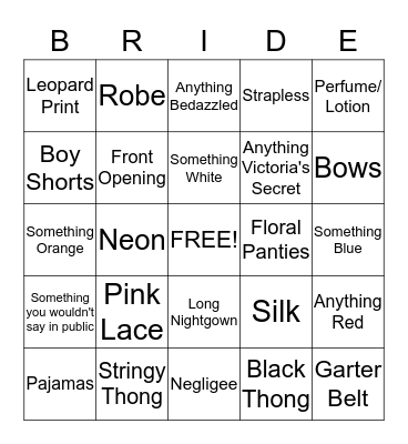 Bridal Bingo  Bingo Card