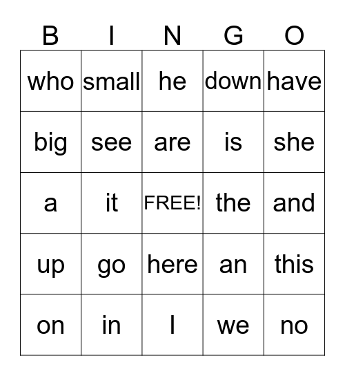 Sight Word Bingo Card