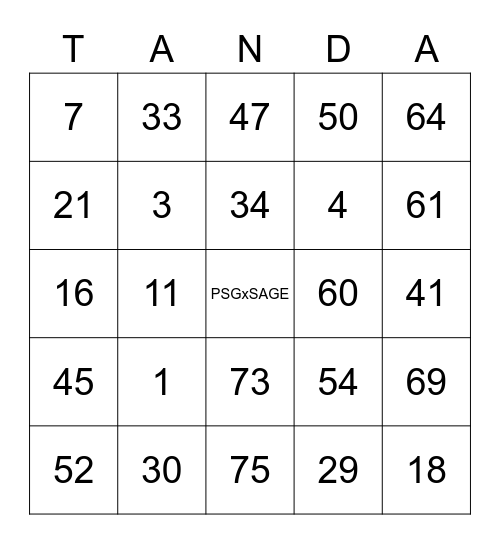 PSGxSAGE Bingo Card