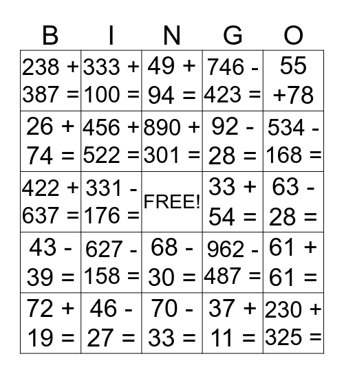 Math Bingo Card