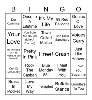 80's Alternative Bingo Card