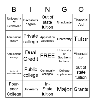 College Day BINGO Card