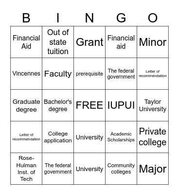 College Day BINGO Card