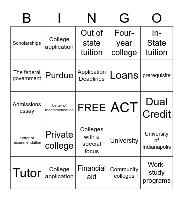 College Day BINGO Card