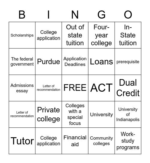 College Day BINGO Card