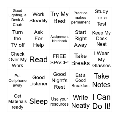 Study Skills BINGO Card