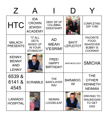 Zaidy's 90th Birthday Bingo Card