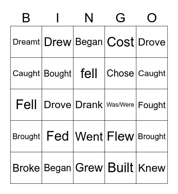 Irregular Verbs Bingo Card