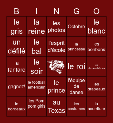 Homecoming Vocabulaire- en français Bingo Card