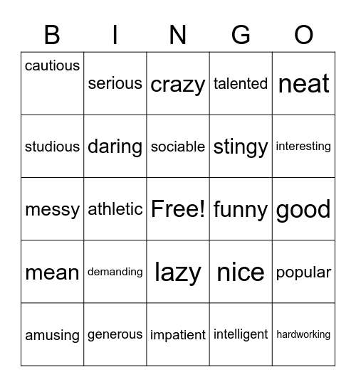 Personality traits Bingo Card