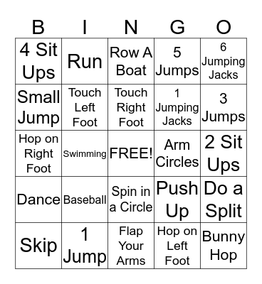 Physical Activity Bingo Card