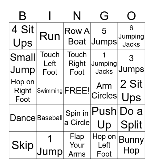 Physical Activity Bingo Card