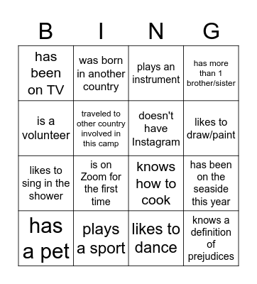 Online camp bingo Card