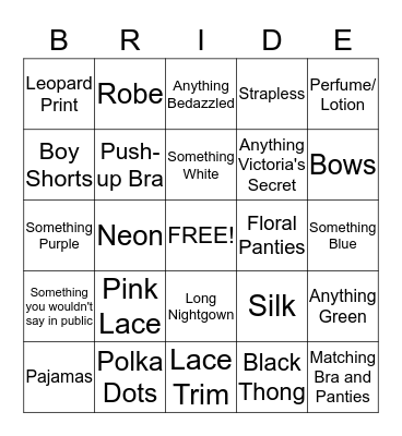 Bridal Bingo  Bingo Card