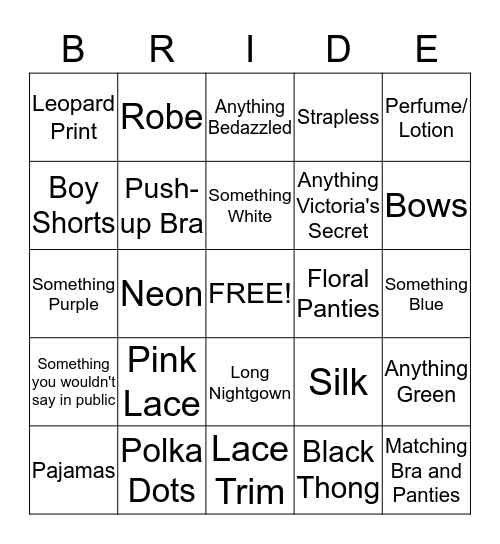 Bridal Bingo  Bingo Card