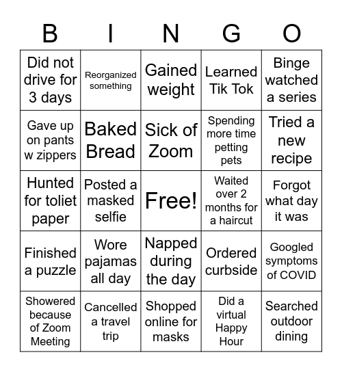 Pandemic Bingo Card