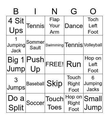 Physical Activity Bingo Card