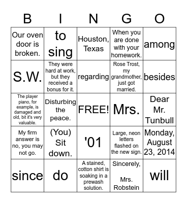 Language Arts  Bingo Card