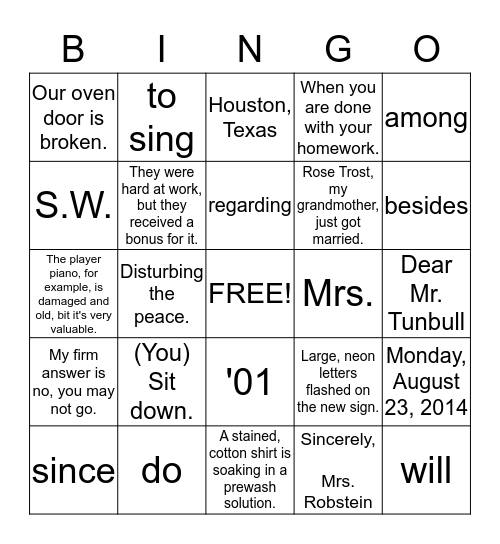 Language Arts  Bingo Card