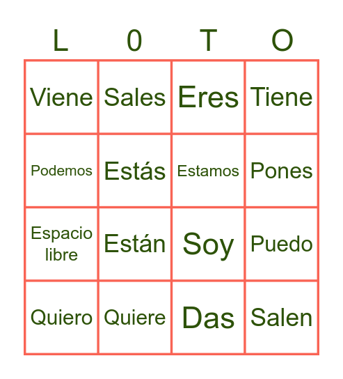 El presente irregular Bingo Card