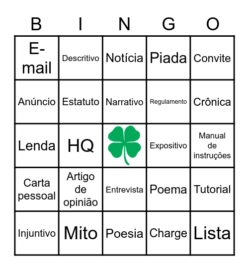 Bingo dos Gêneros Textuais-Patrícia Queiroz Bingo Card