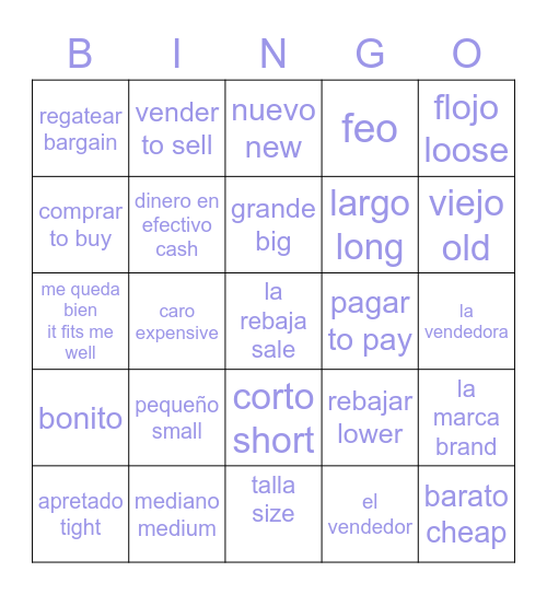 Los verbos, las tallas,los adjetivos Bingo Card