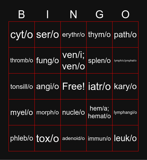 Blood/Lymph/Immune Terms CF Bingo Card