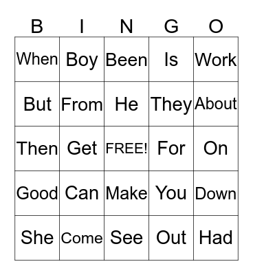 High-Frequency Words Bingo Card