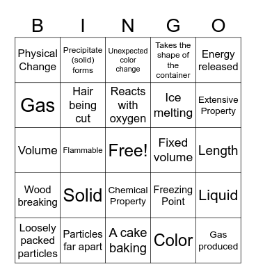 Properties of Matter Bingo Card