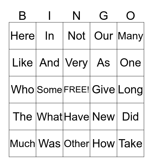 High-Frequency Words Bingo Card